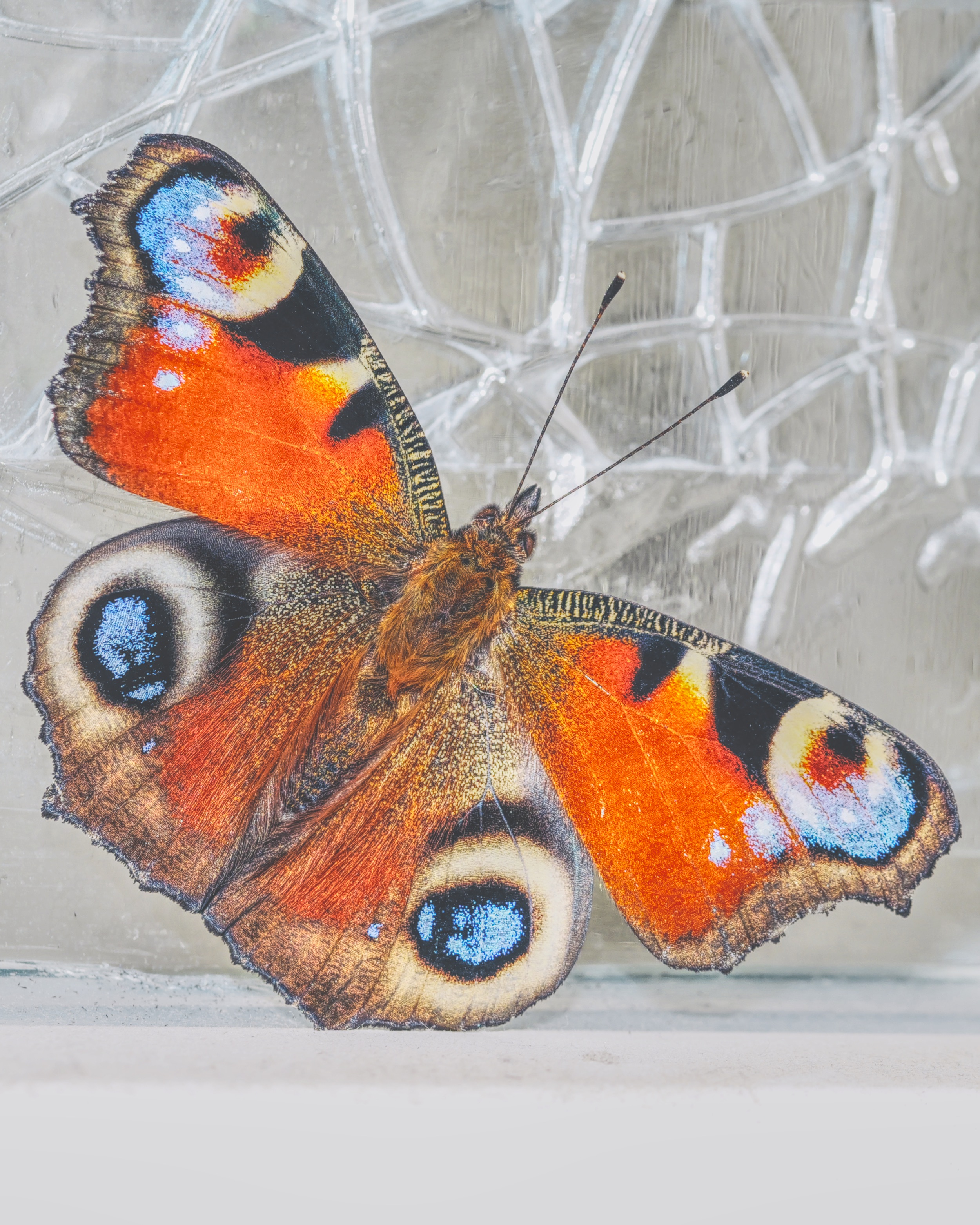 A macro photograph of a European Peacock butterfly (Aglais io) positioned centrally on a light-colored, textured surface with a blurred geometric mesh background. The butterfly's wings are fully extended, captured in tight framing that cuts slightly into the left, bottom, and right wing edges.

The upper wings feature rich, saturated orange-red scales fading into dark brown and tan textured patterns near the body. Each forewing and hindwing is dominated by a prominent, iridescent blue, black, and white eye-spot (ocellus). The outer wing margins are bordered by a jagged brown band. The thorax and head are covered in dense, dark brown fuzzy setae, with two fine black antennae extending straight upward toward the top center of the frame.